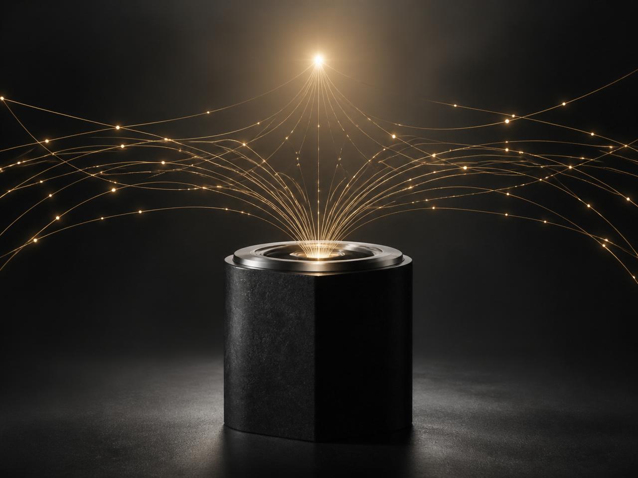 DNA WEB — Lucy AI intelligence layer: a minimalist obsidian pedestal with gold data threads converging into a single point of light